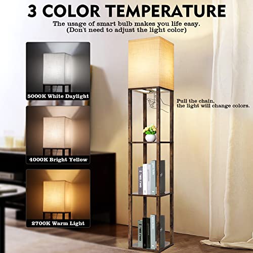 Modern Wood Floor Lamp with Shelves for Living Room, Bedroom, Office - Brown