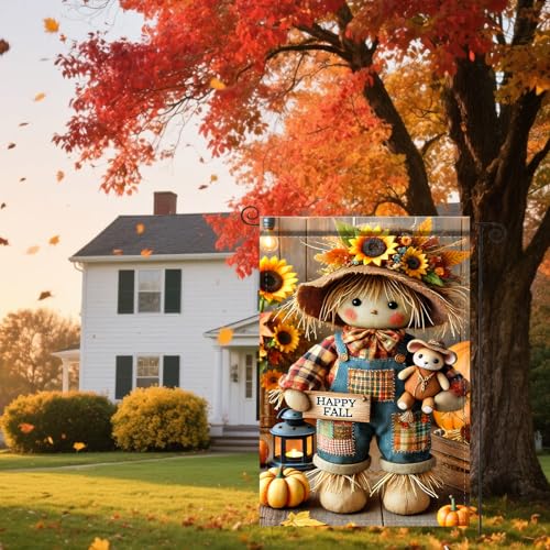 Image of Nuxovilar 12x18 inch Scarecrow Bear Fall Garden Flag | Double-sided scarecrow and bear holiday flag for home outdoor porch decor.
