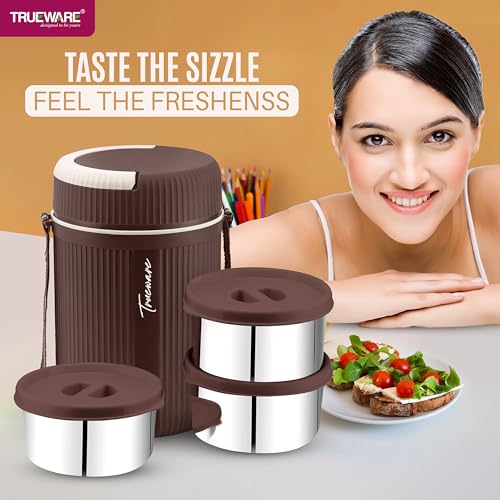 Image of Trueware Plastic Grub 3 Double Wall Insulated Hot Lunch Box with 3 Ss Container 300 Ml Each | Bpa Free | Food Grade | Hot and Fresh Many Hours (Brown (LBI-GRB-003-Brown BAZ)