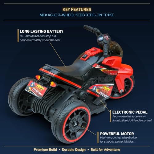 Image of MEKASHI 6V Electric Ride-On Bike for Kids | Racing Red | Battery Operated Motorcycle with Bluetooth Music, LED Headlight, Foot Accelerator & Training Wheels | Ride-On Toy for Boys & Girls 1-4 Years