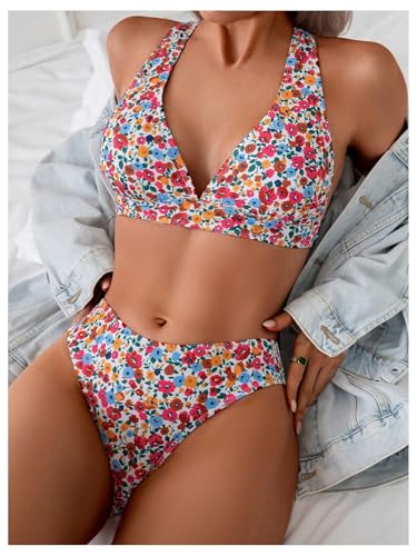 MakeMeChic Women's Two Piece Bikini Set Floral Halter Criss Cross Tie Back Swimsuits4