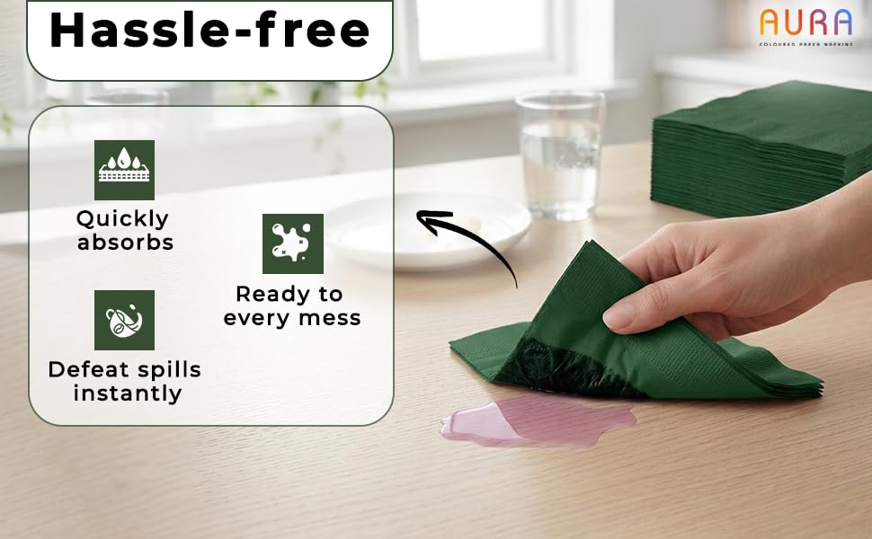 Image of AURA Coloured Paper Napkins - 50 Pulls (25 x 2 Packs) (40 * 40cm) | 3 Ply Ultra Soft & Absorbent Tissue Paper for Theme Party, Birthday, Home, Kitchen & Restaurant Use (Dark Green)