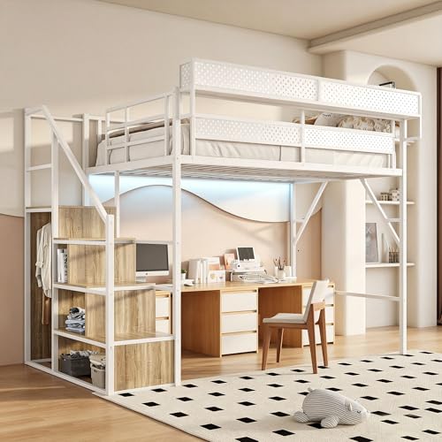 Full Size Metal Loft Bed with Storage Stairs, Wardrobe & Charging Station
