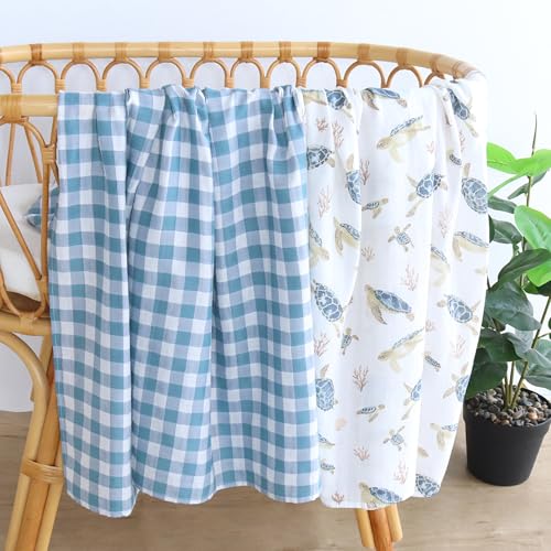 Image of LifeTree Baby Swaddle Blankets, Boys Girls Muslin Swaddling Wrap Receiving Blanket for Newborn, 70% Viscose from Bamboo and 30% Cotton, Large 47 inch x 47 inch, Sea Turtle and Blue Checkered