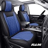 YIERTAI Car Seat Covers Compatible with Dodge Ram Custom Fit 2009-2025 1500 2010-2025 2500 3500 Pickup Mega Cab Classic Bighorn Laramie Waterproof Leather(Full Set Black-Blue)