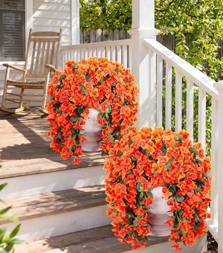 Artificial Bougainvillea Faux Flowers Plants for Outdoors Outside Fall Autumn Decor, 2 PCS Silk Trailing Vines UV Resistant Realistic Orange Fake Flowers for Planter Front Door Porch Patio Balcony - thumbnail 4