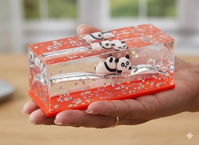 Image of Eminent Liquid Motion Toy with Panda and Snowman Figurines, Clear Acrylic with Glitter Stars, Red Base, Sensory Desk Toy (Red)