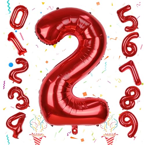 Image of 40 Inch 2nd Birthday Number Balloon, Red Foil Giant Number Balloons 0-9 Set for Girls Kids, 20 years old Birthday Party Decor Graduation Baby Shower Anniversary Party Decoration Women Men Supplies