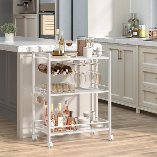 Image of Joaxswe Bar Cart,3-Tier Home Bar Serving Cart with Lockable Wheels,White | Microwave Cart,Mobile Kitchen Shelf,Rolling Beverage Cart with Wine Rack and Glass Holder for Kitchen,Dinning Room