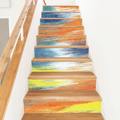 PLIGREAT 15 Strips Colorful Pattern Stair Riser Decals, Peel and