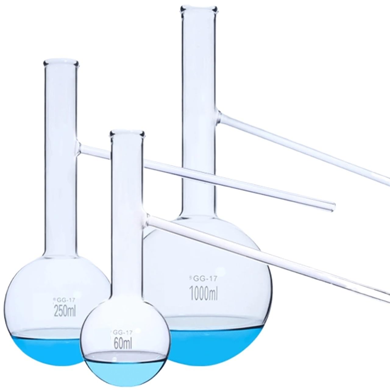 Botellas de vidrio de fondo redondo, Matraz de destilación de vidrio de borosilicato alto con fondo redondo y tubo ramificado de 60-500 ml (2 unidades)(250ml 2 PCS)