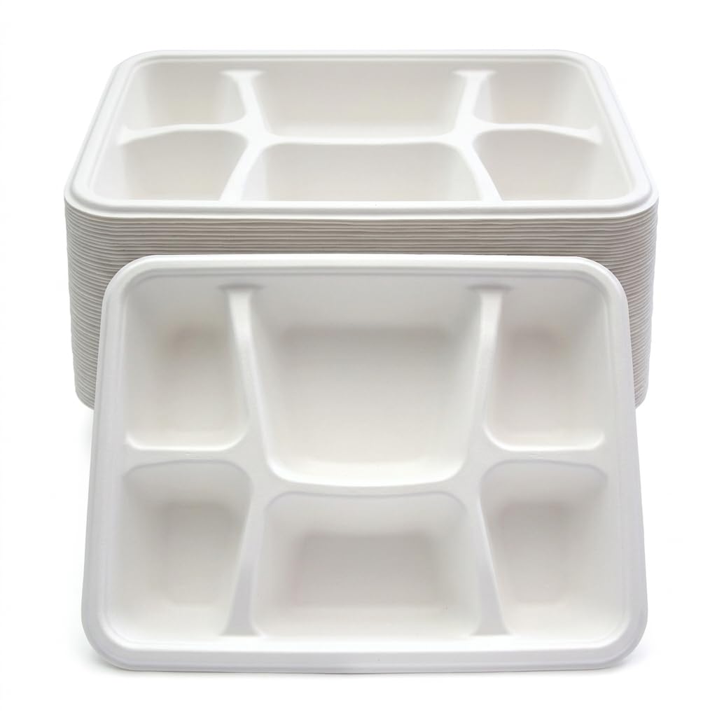 DBStores 50 Pack 6 Compartment Plates Disposable, Heavy Duty Bagasse Sugarcane Compartment Plates, Eco Friendly Microwave Safe School Lunch Trays, 29cm x 21cm
