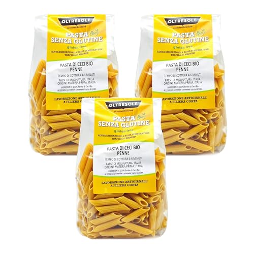 Oltresole, Pasta de Garbanzos Ecológica Italiana, Formato Penne, Pasta 100% Ecológica Proteica de Harina de Garbanzo, Rica en Fibra, Vegana, Sin Gluten, Paquete de 3 x 350g