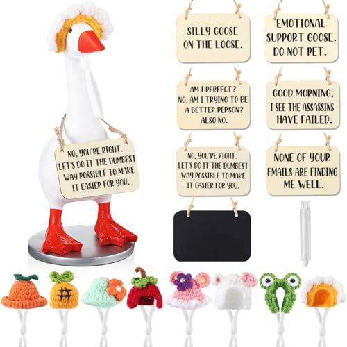 AceOrbit 17 Pcs Magnetic Goose Key Holder Resin Goose Statue with Mini Hats Writable Interchangeable Signs Desk Decor(Lovely)