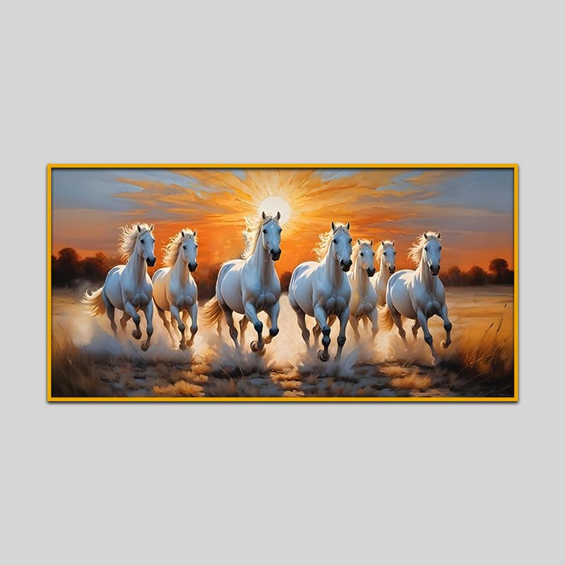 Image of Wall Melody Premium Design Seven Running Horses With Sunrise Canvas Wall Paintings Floating Frame Wall Paintings for Home and Office Decor Size : 24x48 Inches