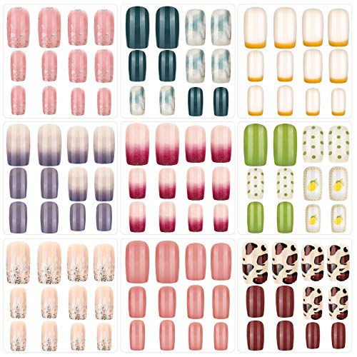 216 Pieces 9 Boxes Medium Square False Nails Fake Nail Tips Glossy French False Nails Gradient Color Fake Nails Full Cover False Nails Press on Artificial Nails for Nail Salon Art (Classic Pattern)