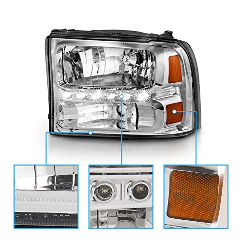 Amerilite Chrome Replacement Headlights Assemblies Led Parking Lamp Set For 1999-2004 Ford Super Duty / 00-04 Excursion - Passenger And Driver Side #TOP3
