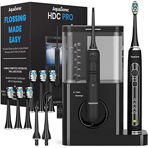 AquaSonic Home Dental Center PRO â€“ Complete Home Oral Care â€“ Brush & Floss â€“ Ultrasonic Electric Toothbrush & Water Flosser â€“ Whiter Teeth & Healthier Gums â€“ Black Series Pro + Oral Irrigator