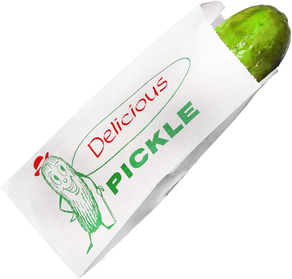 Durable, Retro Design 6.5 in Dill Pickle Bag 100 Pack. Turn Your Party into a Carnival with Classic Vintage Paper Snack Sacks That Keep Pickles Fresh. Mess-Free Bags for Fundraiser or Concession Stand