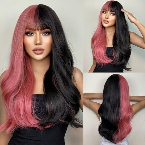 POLOSU Pelucas largas onduladas Mitad Rosa Mitad Negra con Flequillo para Mujer, Peluca sintética de Pelo Rizado Natural de 24 Pulgadas para Fiesta de Cosplay de Halloween
