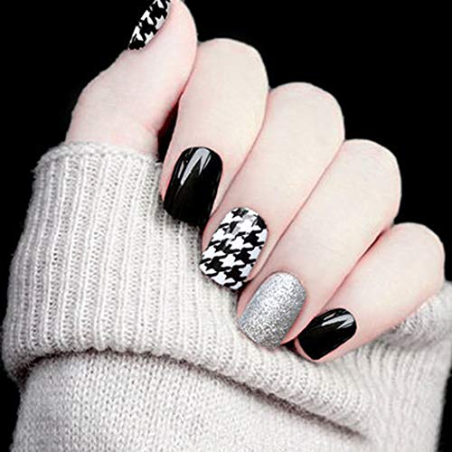 LittleB Glossy Shimmer Fake Nails Short Black Press On Nails Oval Full Cover False Nails for Women and Girls (24pc)