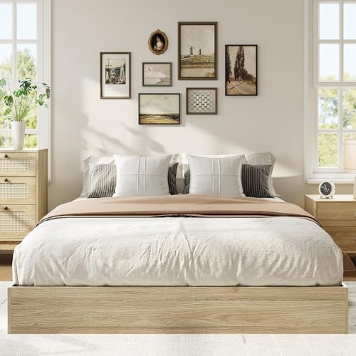 IDEALHOUSE Platform Bed Frame Queen Size,Wooden Slat Support,No Box Spring Needed, Easy Assembly, Natural