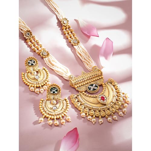 Image of Rubans Pearl Long Necklace Set Gold Plated Traditional Stylish Jewellery Gift for Women & Girls