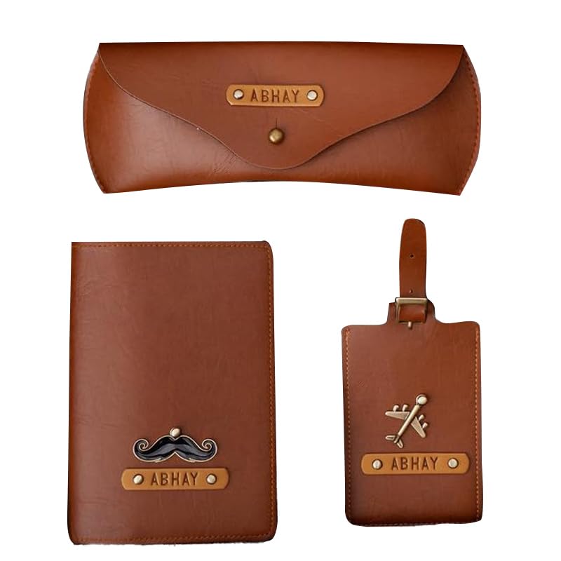 The JunketPersonalised Gift Hamper for Couple with PU Leather Customize Passport Cover, Luggage Tag & Eyewear Case | Gift Combo for Wife and Husband with Personalized Name & Charms (Tan)