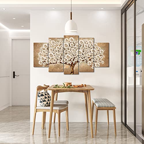 Ryounoart 5 Piece White Rose Painting Wall Art Vintage Gold Blooming Flower Tree Canvas Prints Large Framed Floral Pictures For Living Room Bedroom Wall Decor Ready To Hang #TOP3