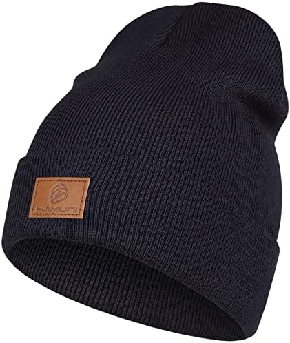 HAMUNI Beanie Mütze Herren Damen Klassische Wintermütze Acryl Beanie Hat | Leatherpatch Strickmütze Unisex Cuffed Hat Bequem Atmungsaktiv Weich Vintage Einfarbig Strick Beanies Win