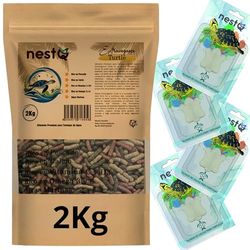 Pienso Nutritivo para Tortugas de Agua 2Kg + 4 Unidades Calcio para Tortugas - Sabor a Pescado - Ideal para Tortugas Acuáticas de Florida - Sticks para Reptiles - Alimento Nutritivo (2Kg) (2 Kg)