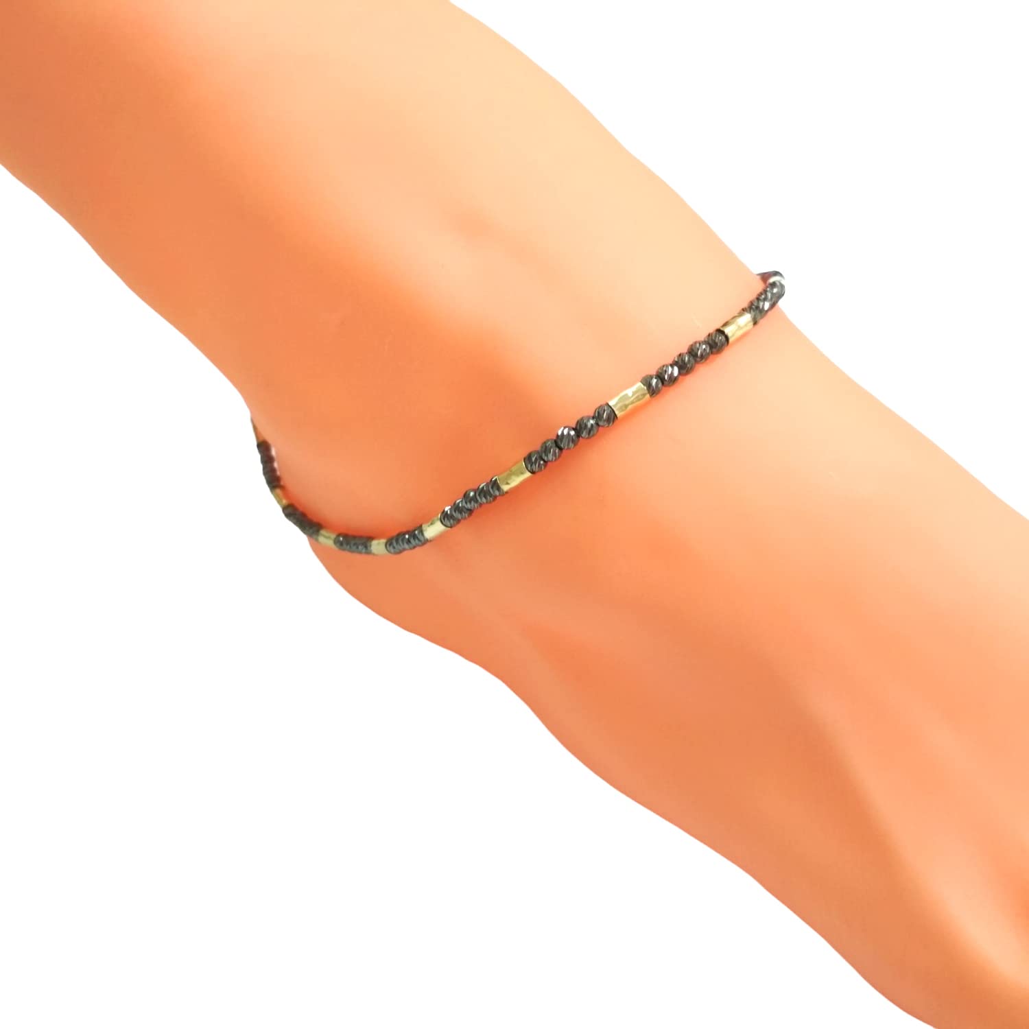 BalliSilverBlack and Gold Two Tone Anklet. 925 Sterling Silver 3mm Black Rhodium Plated Diamond Cut/Laser Cut Beads and 14kt Gold Filled 3x5mm Hammered Tube Beads. Women, Men, Unisex (10.5" 27cm)