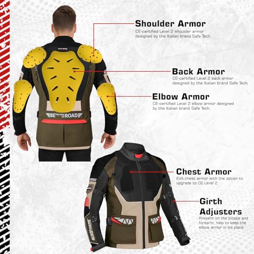 Image of Allextreme RALLY Unisex Motorcycle Touring Riding Jacket Polyester & Mesh Fabric with Abrasion Resistance Impact Protection Back Elbow Shoulder CE Lvl 2 Certified Armour Chest for Bikers (L, O Green)