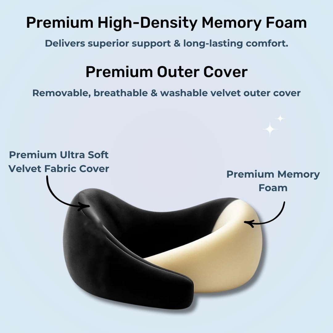 CloudBliss Travel Neck Pillow | Premium Memory Foam Neck Pillow for Flight Travel, Car Sleeping | Adjustable Head Rest, Neck Rest Travelling Pillow for Sleeping Head Support (Black) 2
