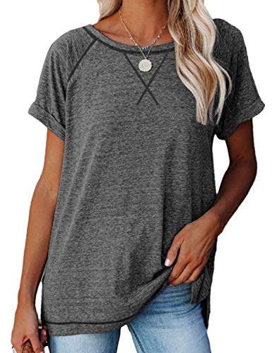 SEBOWEL Tunic Tops for Leggings for Women Short Sleeve Crewneck Side Split Shirts Loungewear Loose Fit Casual Summer Tops Grey L