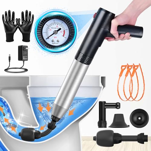 360 ° Electric Plunger Toilet Kit,Stainless Manual Drain Plumb Plunger with Real-Time Barometer Air Toilet Drain Blaster for ToiletS for Kitchen Bathrooms Drains Bathtubs