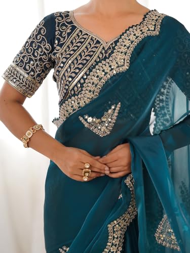 Image of Satrani Women's Tissue Silk Sequin Embroidery Scalloped Border Saree with Unstitched Blouse Piece