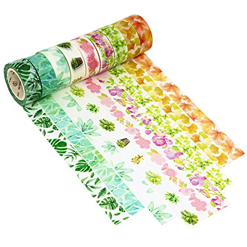 Dawnzen® 9 Rolls Cinta de Papel Washi Cinta 15mm x 5m Adhesiva Decorativa tape, para Decoración DIY Scrapbooking Craft Embalaje de Regalo, Primavera Otoño Planta Flores Hojas Amarillo Rosa Verde