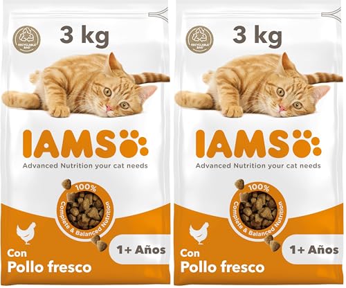 IAMS Alimento seco para Gatos con Pollo Fresco, Comida Seca para Gatos Adultos de más de 1 año, 3 kg (Paquete de 2)