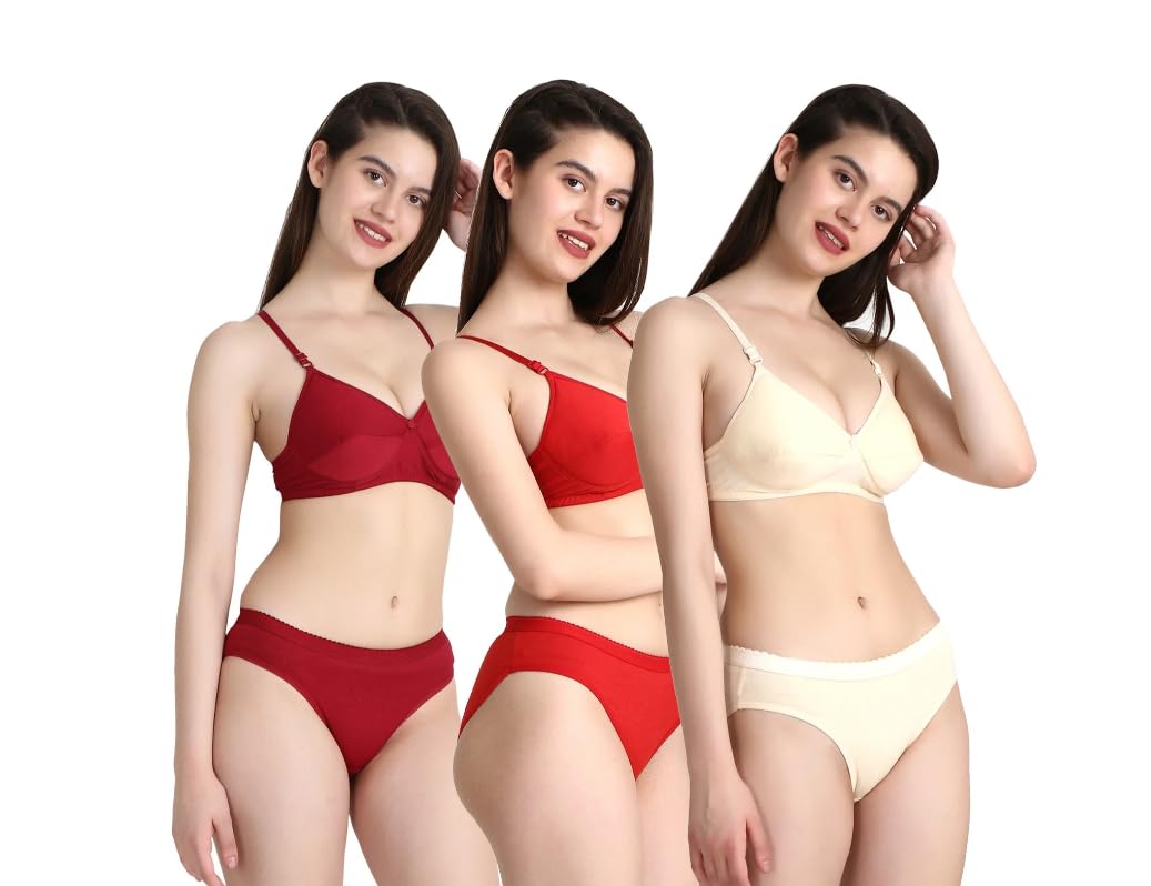 oceansoil Women's Lingerie Set, Cotton, Mid Waist Bikini with Concealed Waistband, Maroon, Red and Skin, Pack of 3-picture-33