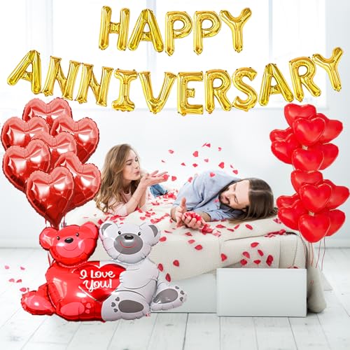 Image of Happy Anniversary Decorations,Romantic Love Wedding anniversary Balloons Set For Husband Wife Boyfriend Girlfriend Couple With Happy Anniversary Banner,Red Rose,Big Love-bear Heart Balloons