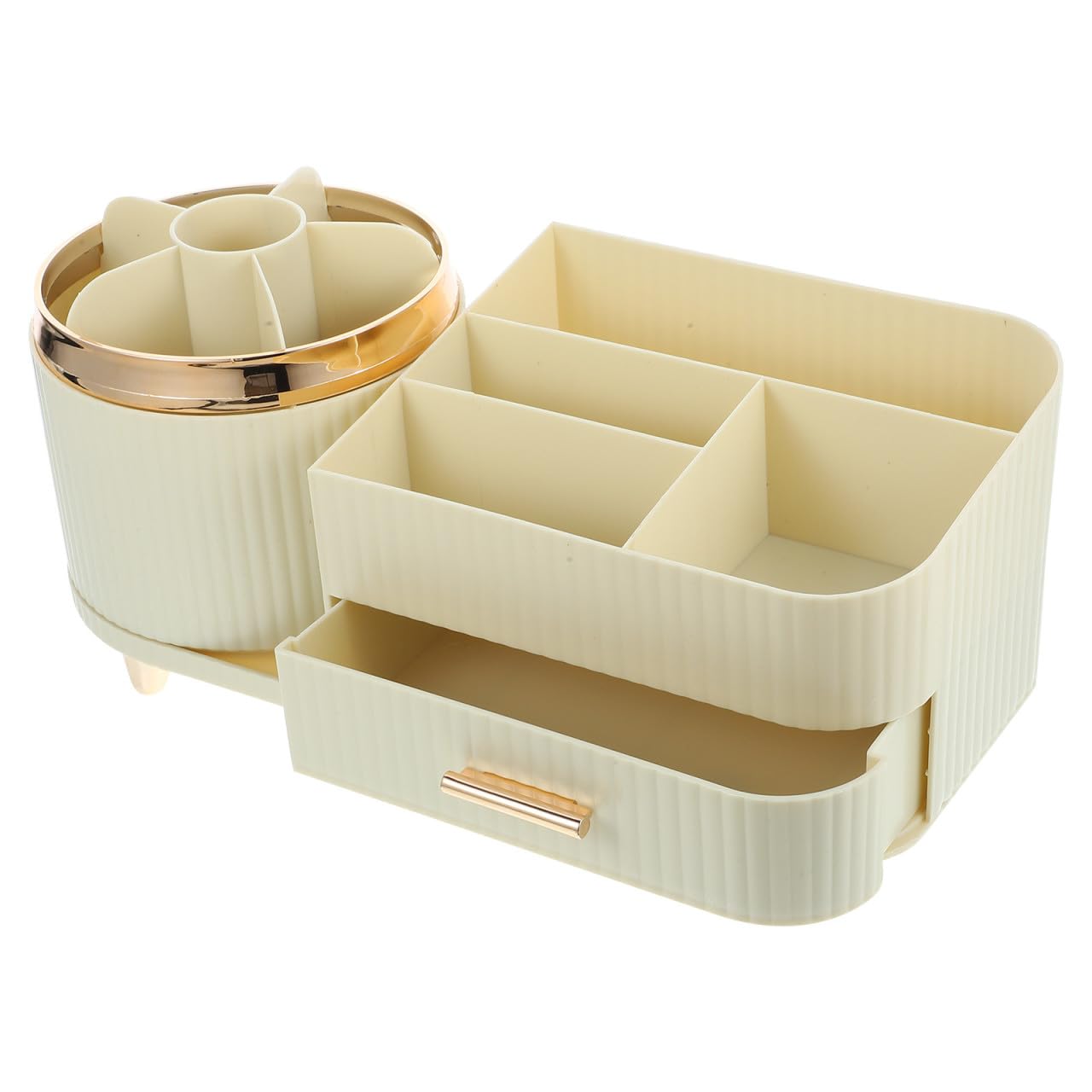 Organizzatore Trucco Rotante da Tavolo in Pet Beige, Grande Capacità, Contenitore Cosmetico per Camere da Letto e Bagni, per Accessori Ordinati