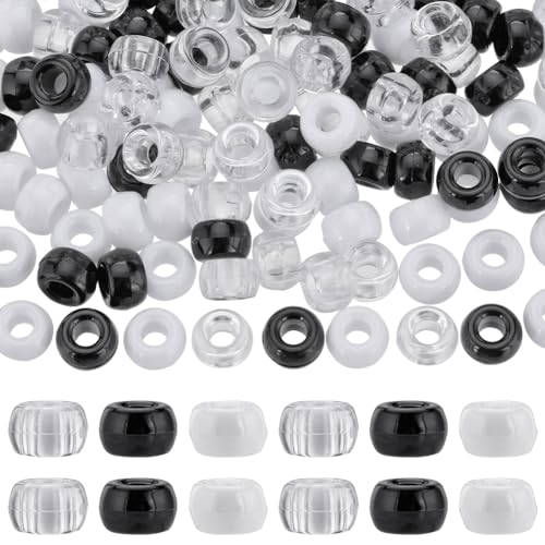SUNNYCLUE 600Pcs Pony Beads Bulk 6x9mm Opaque Pony Beads Black White Plastic Bead Clear Transparent Pony Beads Kit Round Craft Beads for jewellery Making Beading Kits DIY Bracelets Keychain Supplies