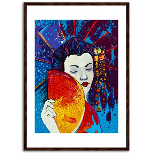 Décoration murale fan de geisha avec cadre premium en bois