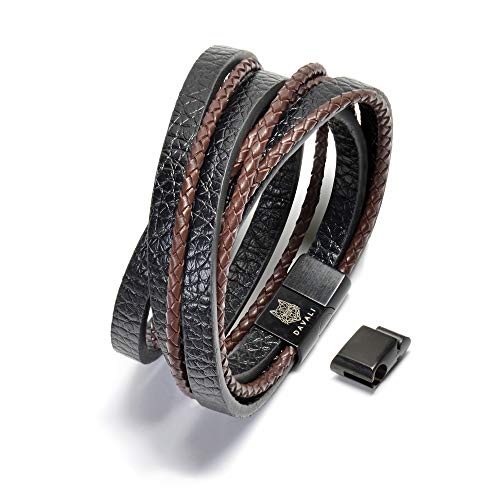 Preisvergleich Produktbild DAVALI Lederarmband für Männer - inkl. Verlängerung und Metalldose - matt-schwarzer Edelstahl - Magnetverschluss schwarz-braun - tolles Geschenk