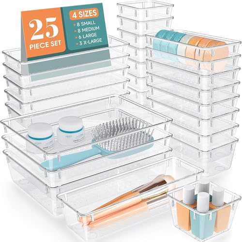 KAHEIGN 25Pcs Clear Plastic Drawer Organizer Set, 4 Size Versatile Makeup Tray Desk Drawer Divider Dresser Storage Bin Separation Box for Bathroom Office Bedroom Cosmetic Jewelries Gadgets