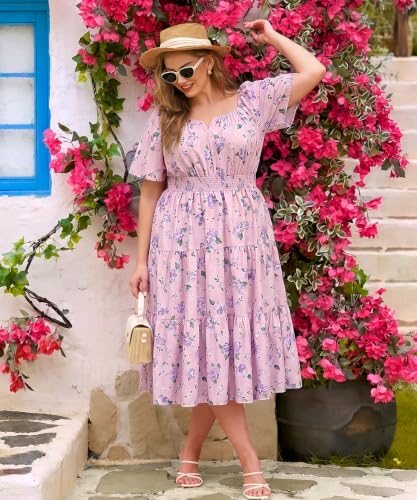 Image of RITERA Plus Size Dresses for Curvy Women Square Neck Short Sleeve Summer Floral Smocked Maxi Dress with Pocket XL-5XL
