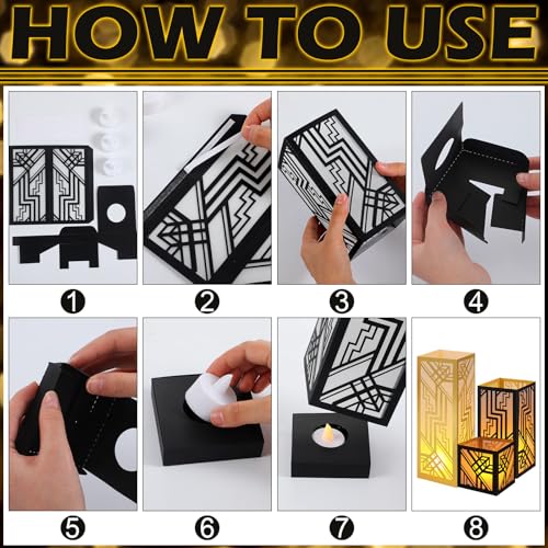 Image of Rossesay 24 Pcs Roaring 20s Centerpieces for Table 3 Size Speakeasy Black and Gold 1920s Birthday Party Decor Lighted Paper Lantern with LED Candle for Vintage Retro Jazz Wedding Speakeasy Party