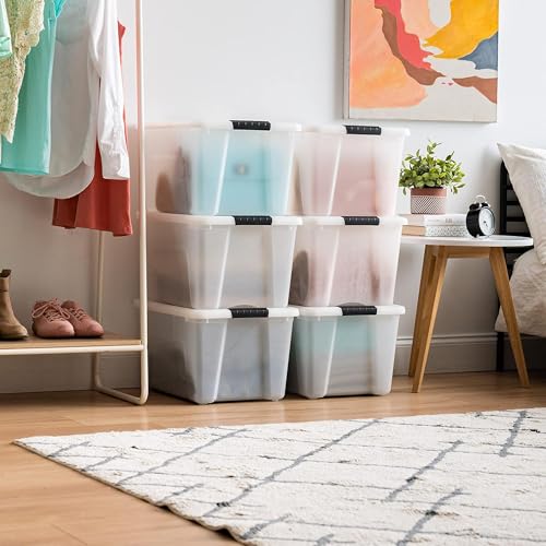 Image of IRIS USA 40 Qt Stackable Plastic Storage Bins with Lids, 6 Pack - BPA-Free, Made in USA - Discreet Organizing Solution, Latches, Durable Nestable Containers, Secure Pull Handle - Pearl