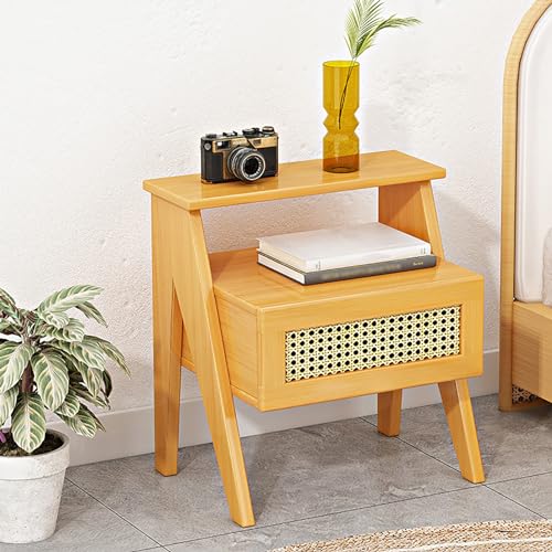 Mesita de noche de bambú con cajón y estantes abiertos, armario lateral multifuncional para sala de estar y dormitorio, fácil montaje